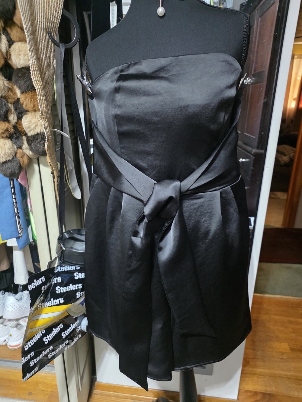 Express Strapless Black Satin Dress with Waist Knot